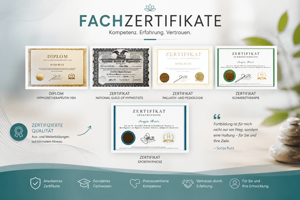 Fachzertifikate und Diplome von Sonja Rutz in einer modernen, hochwertigen Präsentation. Zu sehen sind ein Diplom Hypnosetherapeutin VSH, ein Zertifikat der National Guild of Hypnostics, ein Zertifikat Palliativ- und Podiologie, ein Zertifikat Schmerztherapie sowie ein Zertifikat Sporthypnose. Die Zertifikate stehen für fundierte Fachkenntnisse, kontinuierliche Weiterbildung, praktische Kompetenz und professionelle Erfahrung in den Bereichen Hypnose, Schmerztherapie, Palliativ- und Podiologie sowie Sporthypnose.